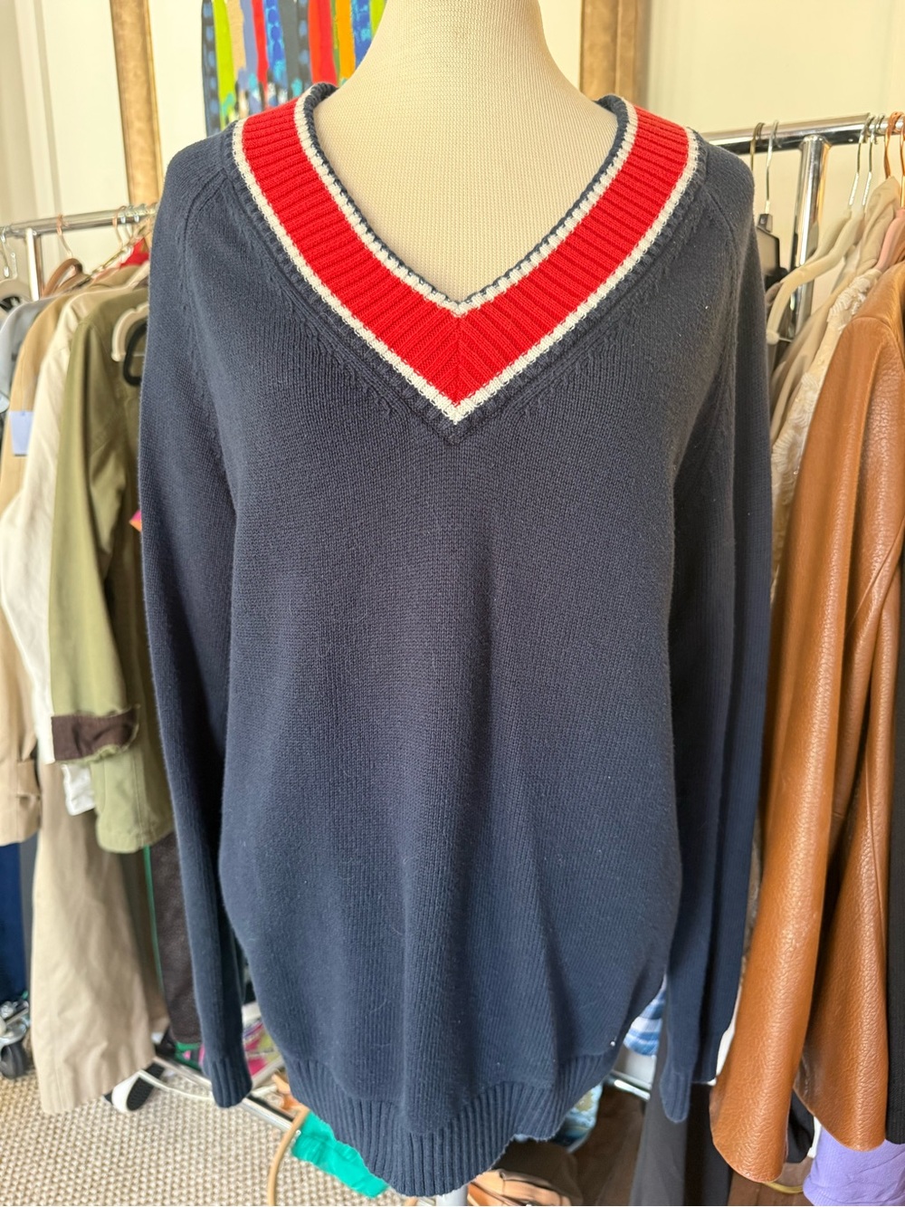 Helly Hansen Navy V-Neck Sweater with Red and White Trim
